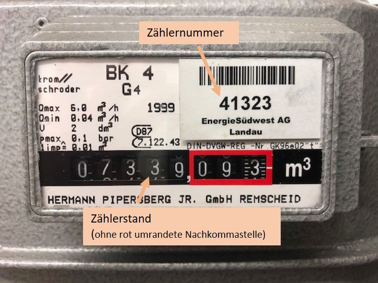 SWA_Gaszaehler Ein Gaszähler, auf dem Zählernummer und Zählerstand markiert sind.