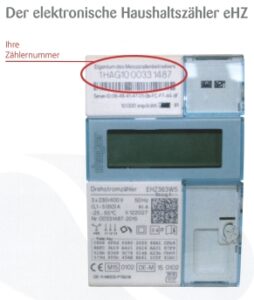Ein digitaler Stromzähler mit Markierung der Zählernummer.